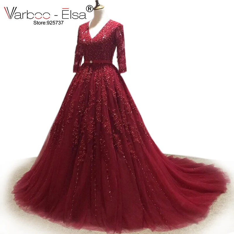 VARBOO_ELSA vestido de noiva Бисер V образным вырезом торжественные платья с красным кружевом с длинным шлейфом мяч халат с рукавами до локтя, свадебные платья в Китае