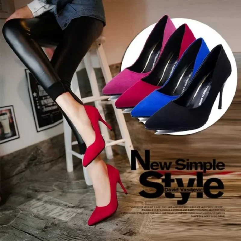 

Summer new suede solid color shallow mouth stiletto shoes fashion wild pointed comfortable high heels.