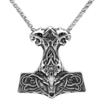 

Men stainless steel Norse viking wolf thor hammer skull nordic MJOLNIR pendant necklace