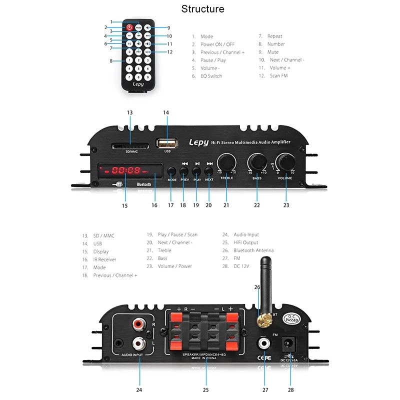 Lepy Lp-269S Bluetooth автомобильный усилитель Hi-Fi Цифровой стерео аудио 2 канала мощный звук совместим с мото компьютерным динамиком