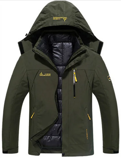 Мужская зимняя водонепроницаемая теплая куртка с капюшоном, большие размеры, для походов, лыжных подъемов, 3 в 1, Съемная куртка, куртки для улицы - Цвет: Army Green