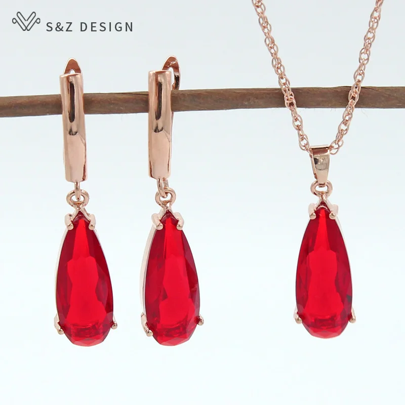 S&Z 6 Color Long Water Drop Dangle Zircon Earrings Jewelry Set 585 Rose Gold Color For Women Korean Fine Wedding Party Jewelry
