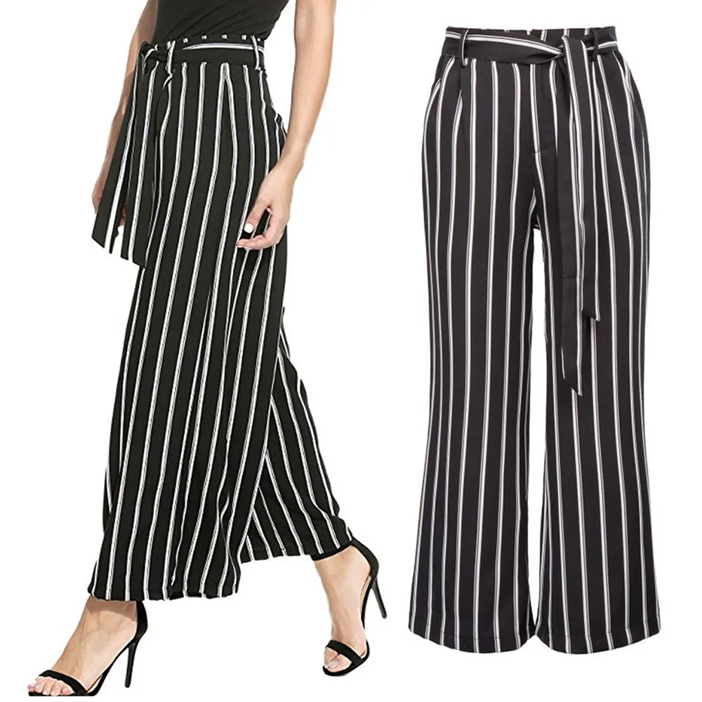 

Casual Women Stripe Flowy Wide Leg Pants Lace Up High Waist Zipper Belted Long Pants