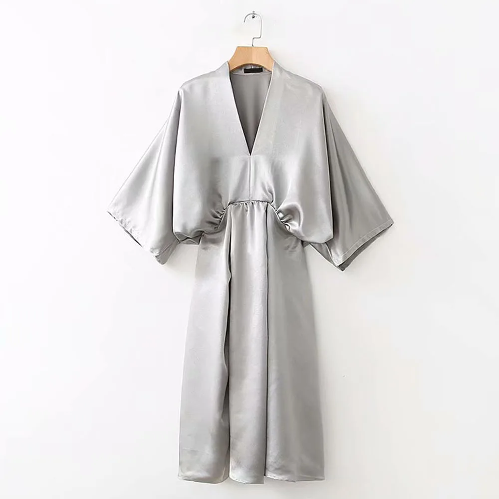 

ANSFX Sexy Metal Sliver Deep V-Neck Dress Ruched Draped On Front Slit Irregular Hem Loose Bat Sleeve Mid-Length Vestido Dress