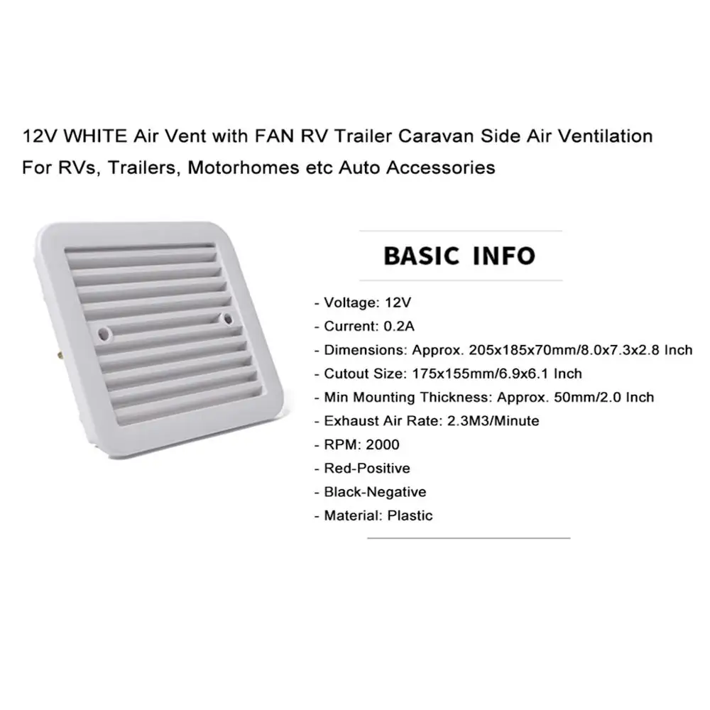 12V WHITE Air Vent with FAN RV Trailer Caravan Side Air Ventilation For RVs, Trailers, Motorhomes etc Auto Accessories