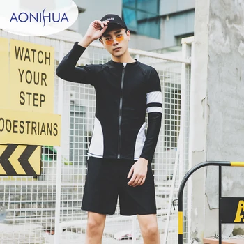 

2019 New Korean Men's Two Pieces Swimwear Long Sleeves Zipper Sunscreen Snorkeling Surfing Elastic Cool Quick-Dry Bathing Suit