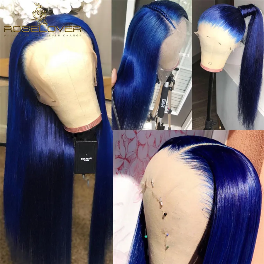 Transparent Lace Colored Blue 13*6 Lace Front Human Hair Wigs Straight Brazilian Remy Lace Front Wig Pre Plucked Bleached Knots