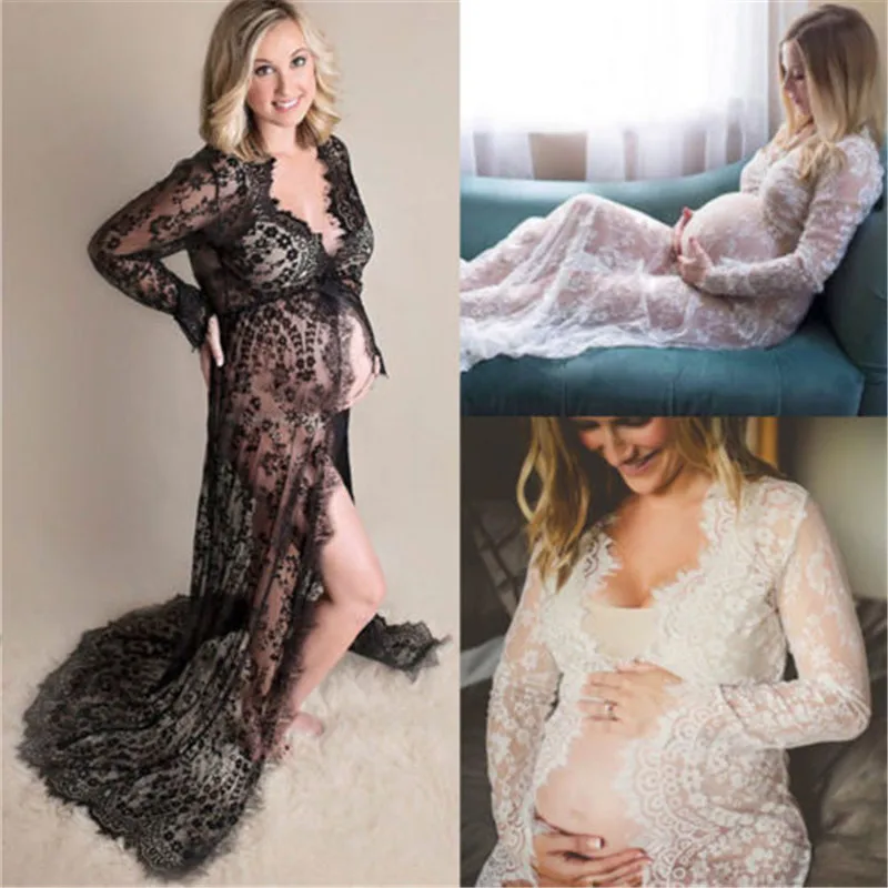 Pregnant Women Long Sleeveless Floral Lace Chiffon Lace-up Maternity Dress for Photo Shoot Photography Streetwear Black White