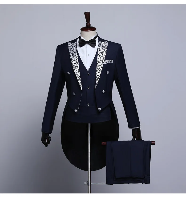 

Male Tailcoat Suits White Navy Blue 3-piece Set Stage Performance Singer Dress Suit Magician Wedding Grooms Tuxedo Party Costume