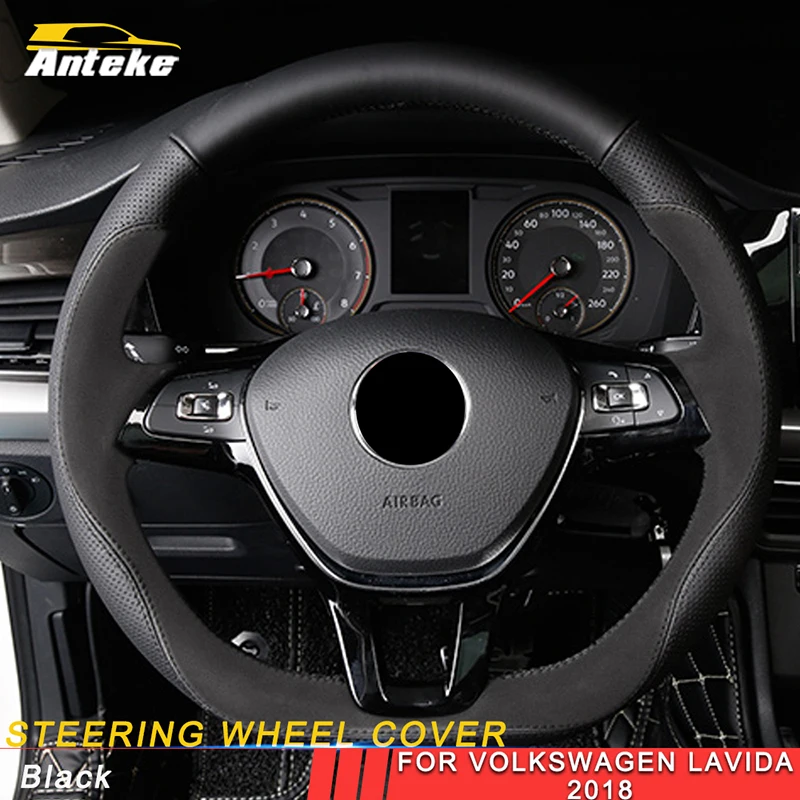 

ANTEKE For Volkswagen Lavida 2018 Car DIY Steering Wheel Covers Real Genuine Cow Leather Needle and Thread Interior Accessories