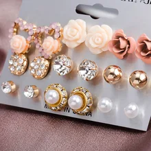 Elegant 9 Pairs/Set Women's Pearl Flower Crystal Studs Earrings Girls Elegant Rose Flower Heart Ear Jewelry Gift
