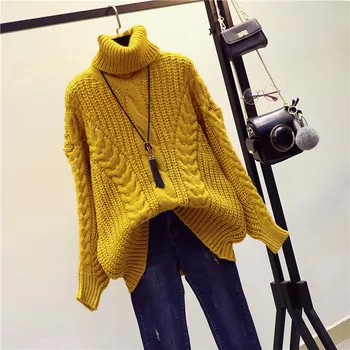 

2018 Autumn and Winter New High-necked Pullover Loose Sweater Women's Long Sleeve Student Twist Thickened Knitted Tops