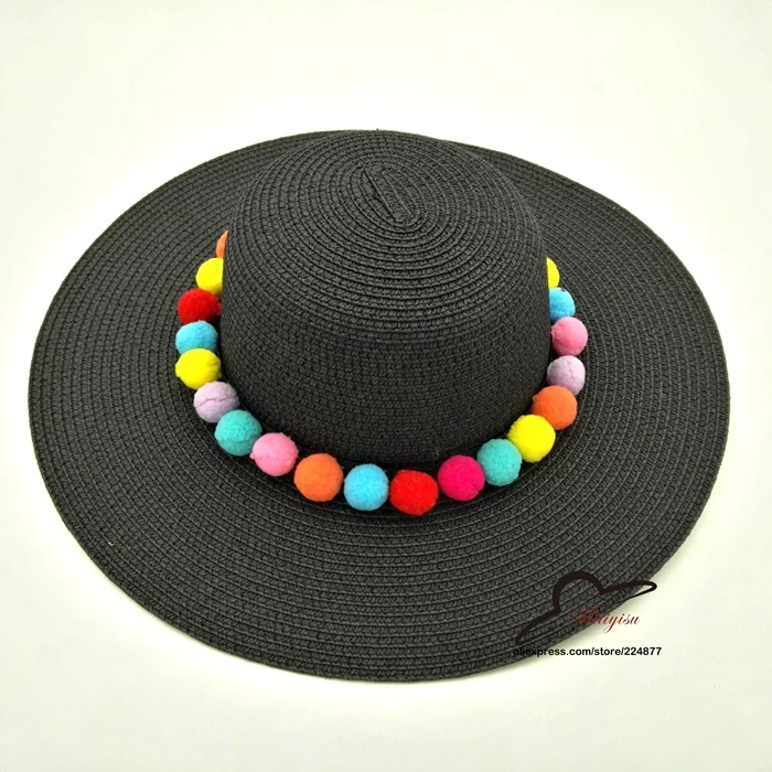 

Colorful Furry Ball Straw Hats Raffia Summer Beach Stripe Large Wide Brim Sun hats Black White For Women