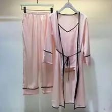 Элегантные Женские шелковый атлас 3 шт. сна костюм 3 шт. пижамный комплект пижамы Женщины Lounge Пижама Женщины Ночное