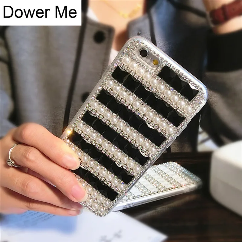 Dower Me Luxury Fashion DIY Handmade Stripe Diamond Pearl Soft TPU Phone Case Cover For iPhone X 8 7 6 6S Plus 5 5S SE 4 4S 5C |