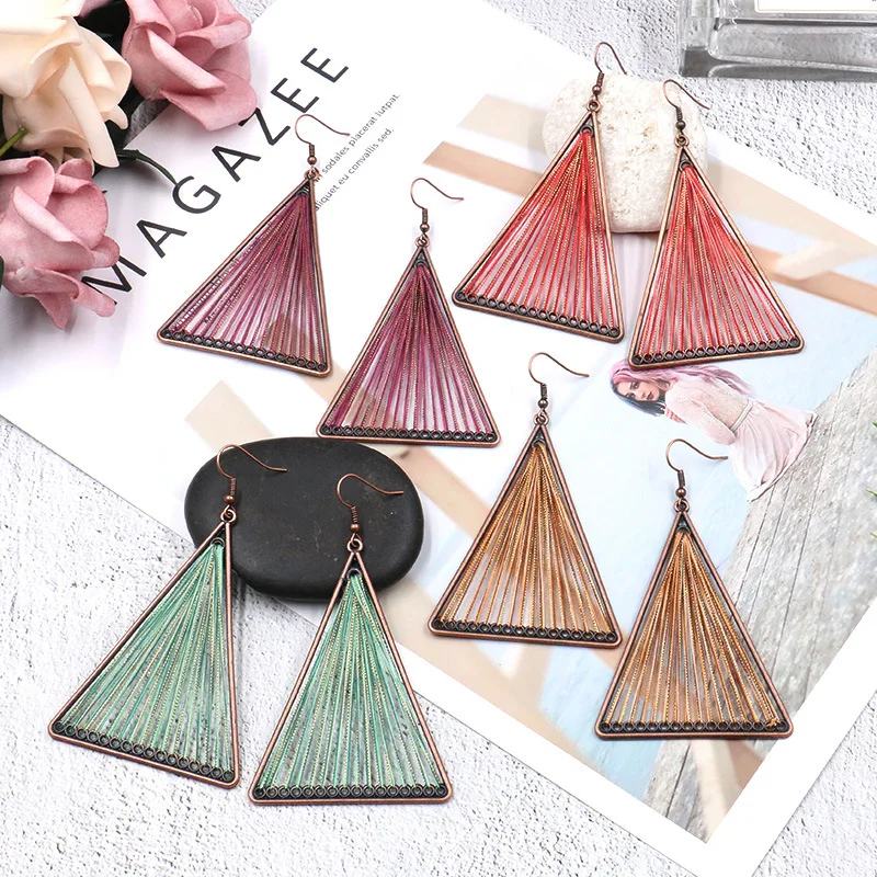 

Boho Hippie Bronze Metal Wind Thread Fringe Earrings for Women Girl Party Triangle Shape Drop Earrings India Nepal Jewelry Gift