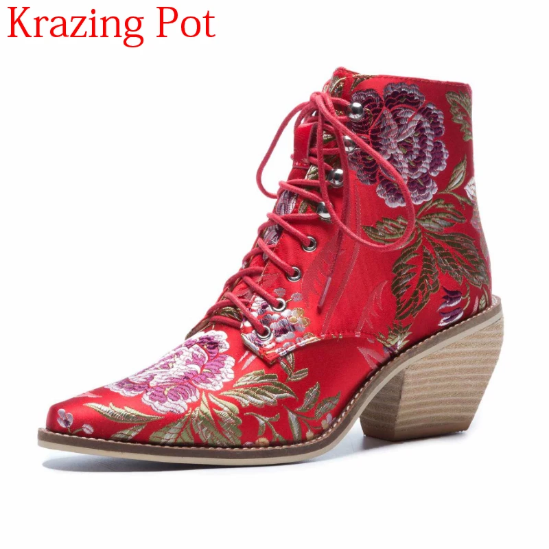 

2018 Superstar Luxury Silk Embroider Square High Heels Nightclub Brand Streetwear Big Flower Size Oriental Women Ankle Boots L01