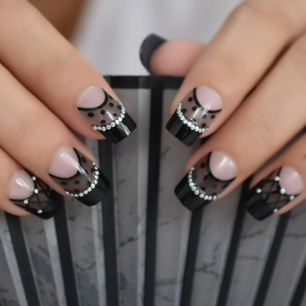 

Square Glitter French Nails Nude Black Silver Spot Stripe Designed Sexy Pattern Fake Nails UV Gel Mixed Nails 24