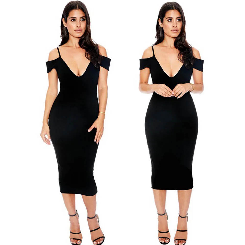 Alibaba Express Slip Dress Summer Woman V Neck Tight Open Shoulder Dresses Classic Bodycon