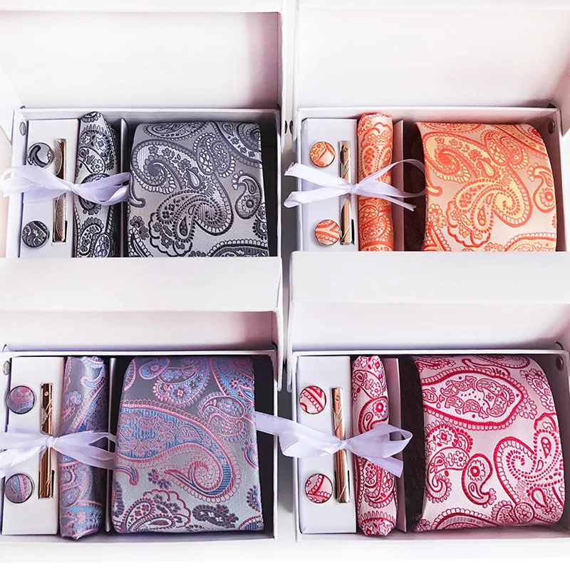 Luxury 8 cm Rose Powder Paisley Mens Jacquard Tie Set Cufflinks and Handkerchief with Gift Box for Men Necktie | Аксессуары для