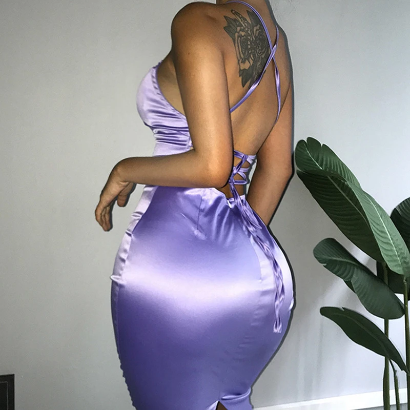 Macheda Новое женское летнее однотонное сексуальное бандажное облегающее платье миди с открытой спиной на бретелях фиолетового цвета