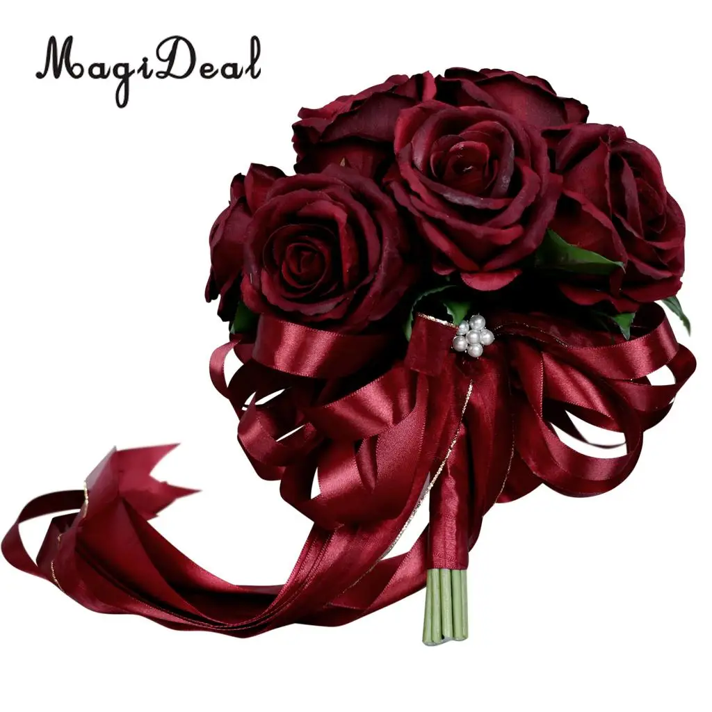 MagiDeal Romantic Rose Flower Wedding Bridal Bouquet Hand Holding Flower Wine Red