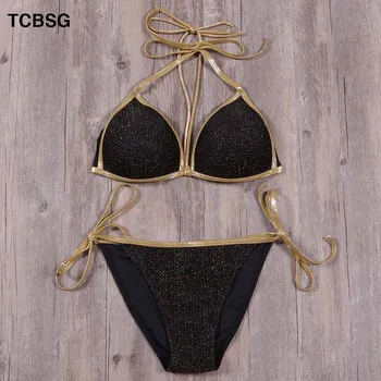 

TCBSG 2019 Sexy Women Bikinis Swimsuit Halter Top Plaid Brazillian Bikini Solid Set Bathing Suit Push Up Summer Biquini
