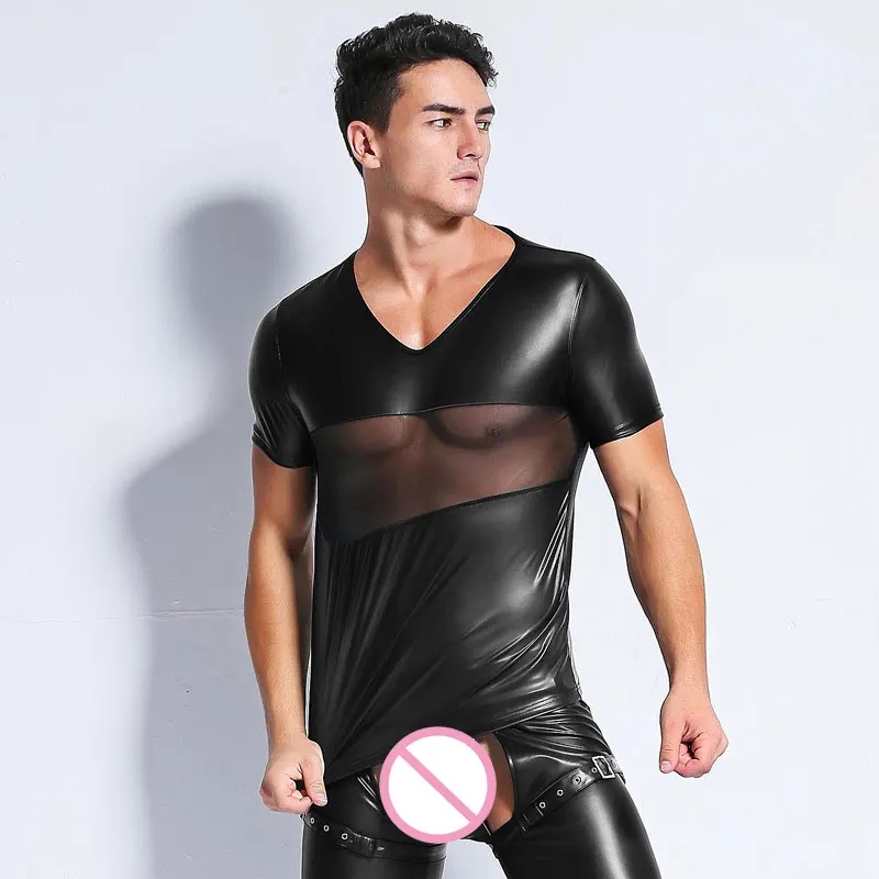 Сексуальная мужская футболка в стиле пэчворк из искусственной кожи с V-образным
