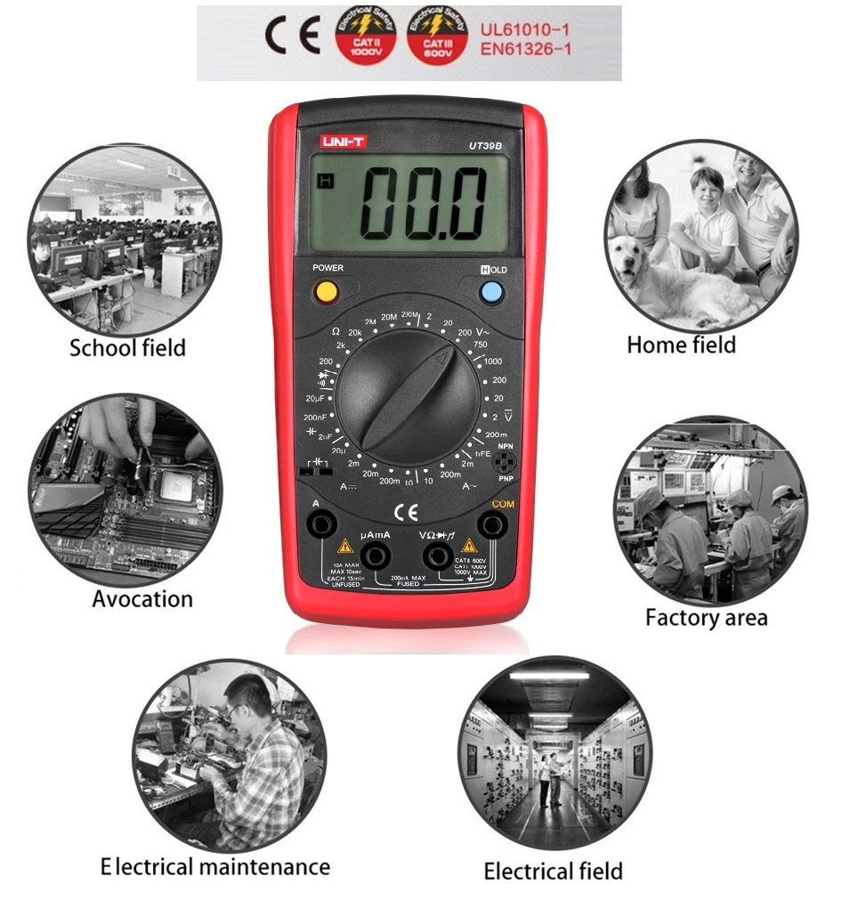 

UNI-T UT39B Modern Digital Multimeters AC DC Cap Ohm Tester Data Hold Transistor Test Manual Range Free Shipping