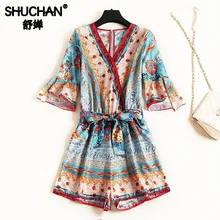 Shuchan Women Jumpsuit Beach Style Geometric Print Chiffon Rompers Womens Playsuits with Short Sleeve V-neck Clothing 12033 Shuchan Women Jumpsuit Beach Style Geometric Print Chiffon Rompers Womens Playsuits with Short Sleeve V-neck Clothing 12033