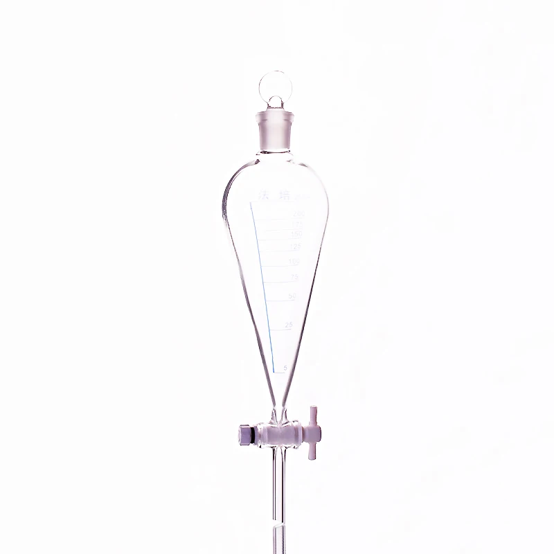 

Separatory funnel pear shape,with ground-in glass stopper and stopcock,With tick marks,Capacity 250ml,PTFE switch valve