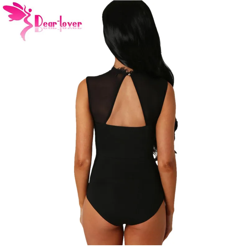 Dear-Lover Bodysuit Women Sexy Black Lace High Neck Cut Out Back Bodycon Jumpsuits Romper Combinaison Shorts Playsuits LC32050