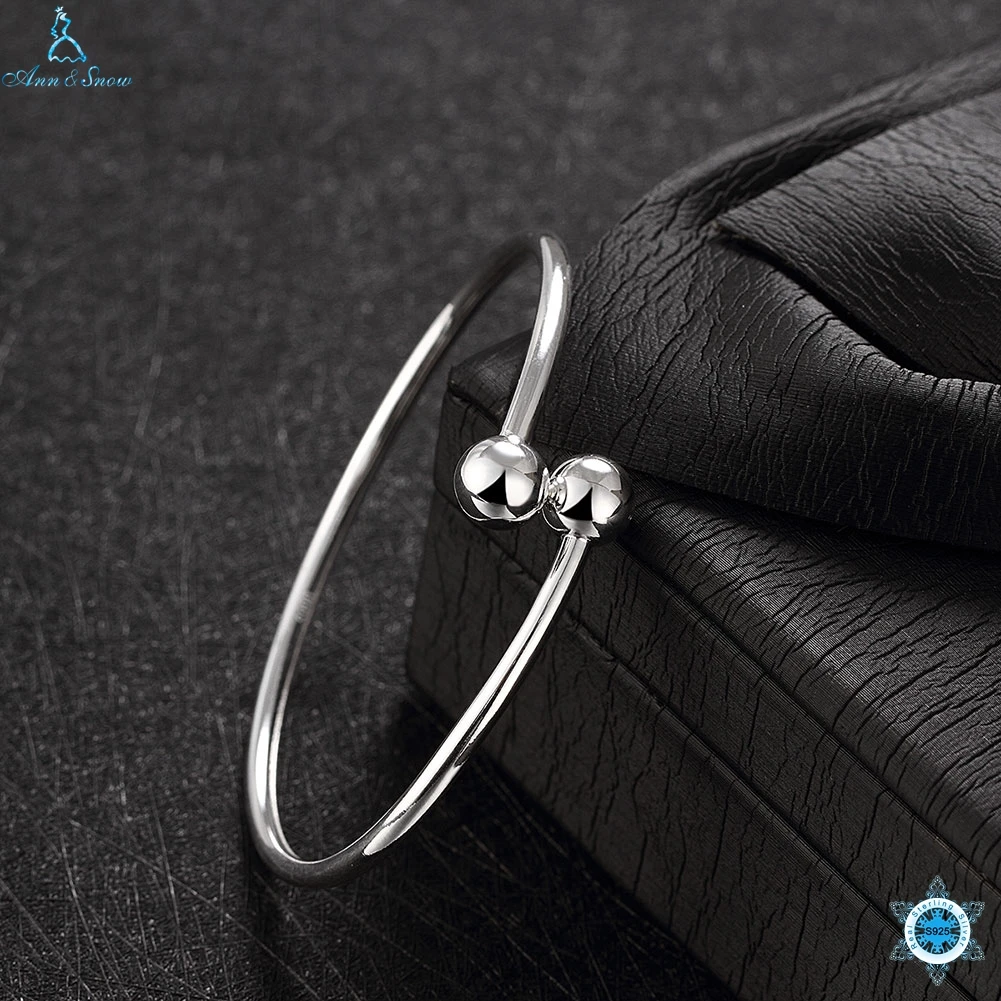 

Ann & Snow 925 Pure Silver Bangles 3mm Width Twin Silver Beads Engagement Bracelet For Women