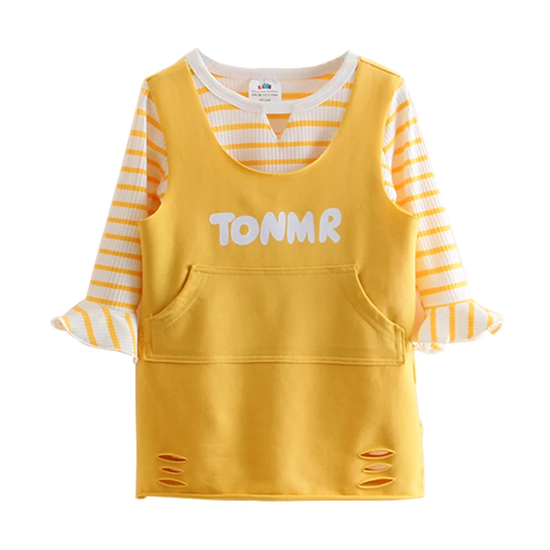 

2018 Spring Autumn New Fashion 2-10 Years Baby Striped Tank Dress+ Long Raglan Sleeve T-shirt 2 Pcs School Kids Girls Pocket Set