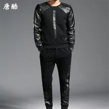 Новинка, Мужская брендовая Зимняя Толстая спортивная одежда из искусственной кожи в стиле пэчворк, черный спортивный костюм, мужской комплект из двух предметов, Толстовка и штаны для фитнеса