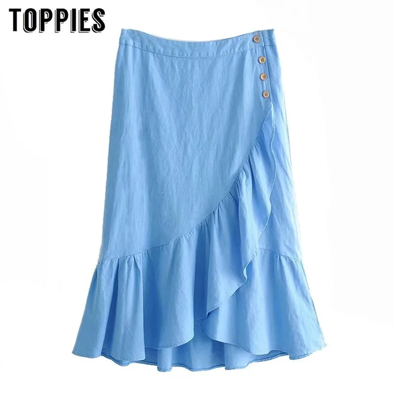 

High Waist Blue Linen Skirts Womens Ruffles Skrits Asymmetrical Dress 2019 Summer Faldas