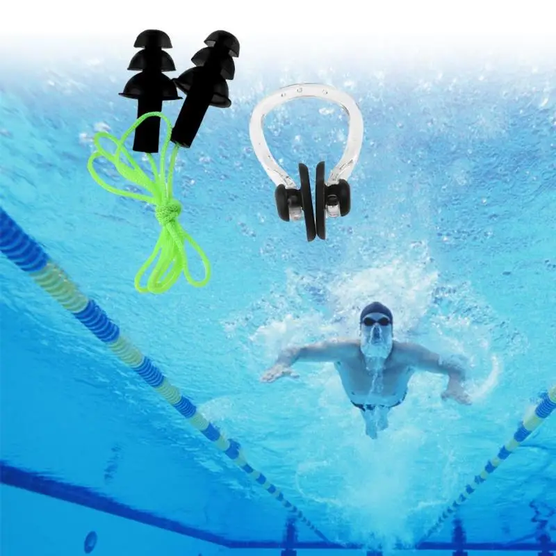 Soft Silicone Earplugs Set with Rope + Nose Clip Set for Summer Swimming Diving Water Sports Accessories for Adult Ear Plug