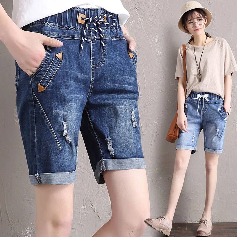2019 летние новые рваные шорты с высокой талией женские джинсовые шорты для женщин свободные плюс размер 5XL короткие джинсы 55-105 кг корейские