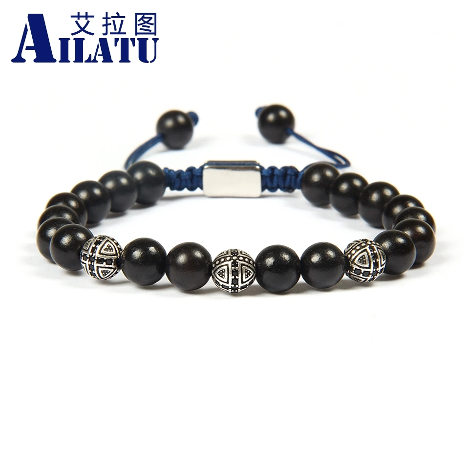 

Ailatu Jewelry Wholesale 10 Pieces 8 mm Natural Red &Black Wooden Beads with Antique Black Cz Round Cross Macrame Bracelet