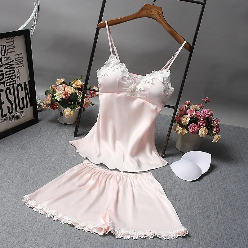 Women's Sleepwear Sexy Satin Pajama Set Lace V-Neck Pyjamas Sleeveless Top and Shorts Sexy Nightgown With Bra Women's Sleepwear Sexy Satin Pajama Set Lace V-Neck Pyjamas Sleeveless Top and Shorts Sexy Nightgown With Bra