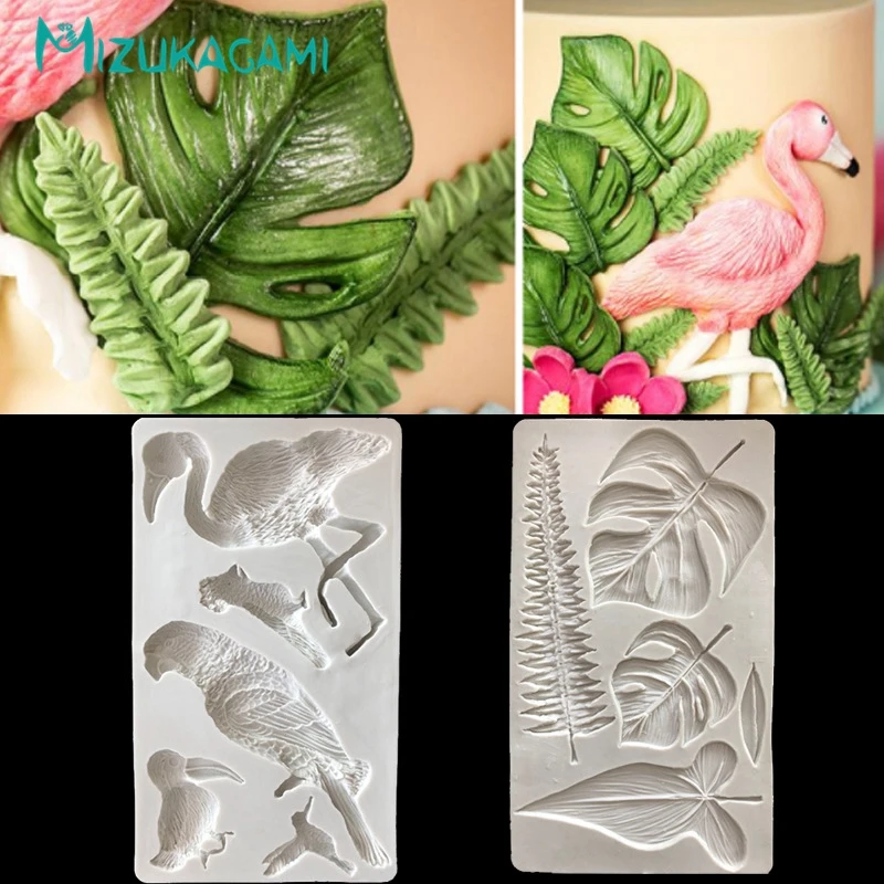 Tropical Rainforest Flamingo Parrot Tortoise Back Leaves Tropical Plants Turn Sugar Silica Mold Soft Ceramic Clay Gypsum Mould