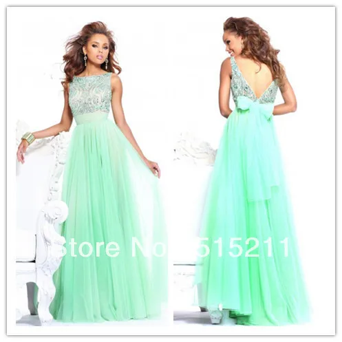 Elegant European Type Beading High Collar Bow Sashes Open Back Mint Green Chiffon Long Dress Evening Party Prom Gowns 2013 | Свадьбы и
