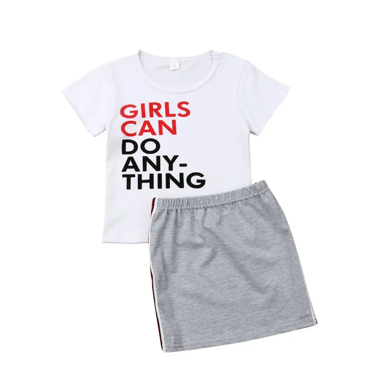 Топы с короткими рукавами и буквенным принтом для маленьких девочек; мини-юбки; повседневный летний комплект одежды; Одежда для маленьких девочек;