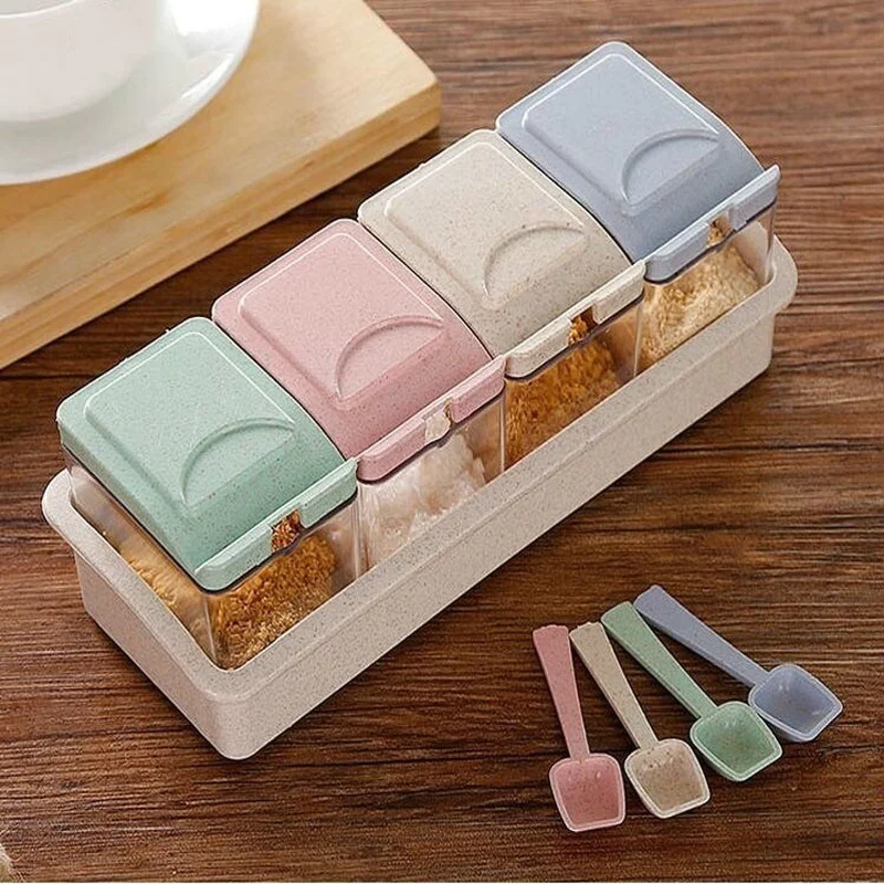 

4 Lattice Straw Material Seasoning Tank Set Kitchen Seasoning Box Cereal Container Sugar Jar Small Plastic Containers with Lids