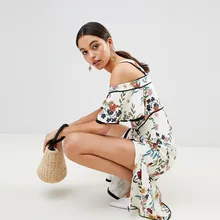 Summer 2019 Elegant Colour-Coloured Ribbed Flower Printing One-Character Necktie with Open Shoulder and Forked Dress Summer 2019 Elegant Colour-Coloured Ribbed Flower Printing One-Character Necktie with Open Shoulder and Forked Dress