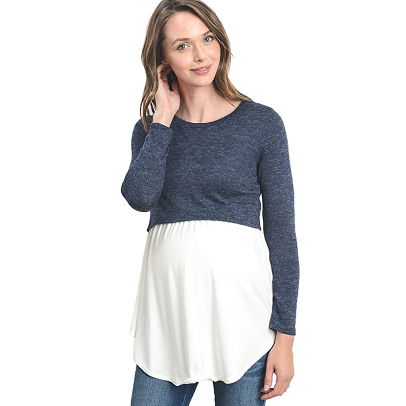 Women Blouse Long Sleeve Autumn Nursing Tops Maternity Breastfeeding Loose Blouse Women Tops Patchwork Blouse