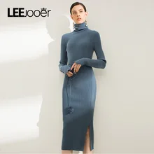 Leejooer 2017 зимнее платье Для женщин Мода High Street основные тонкий работа в офисе носить облегающее платье дамы Водолазка Длинные платья