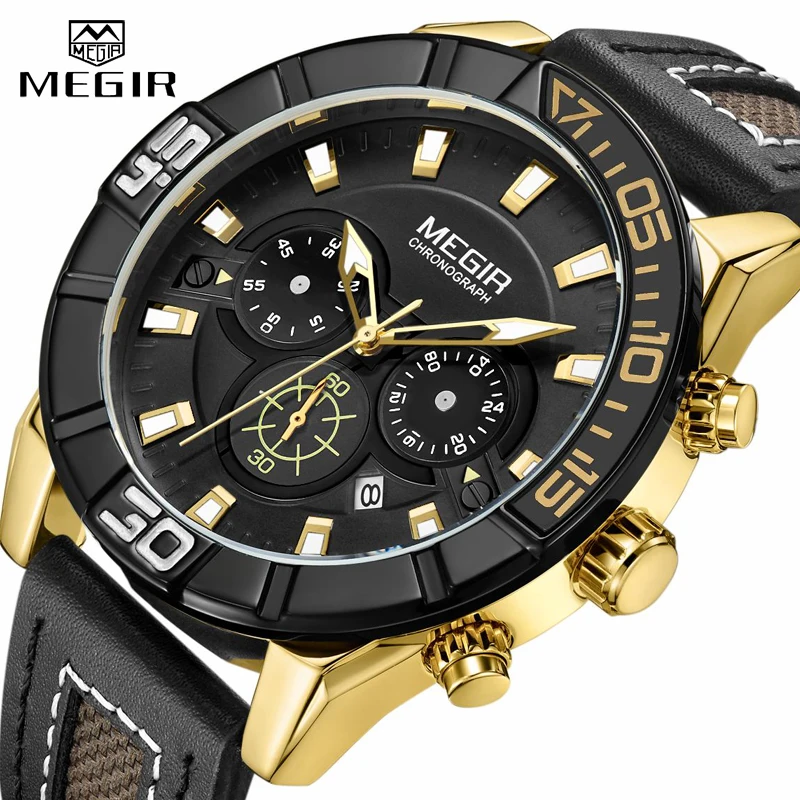 

MEGIR Fashion Chronograph Mens Watch Quartz Sport Watches Men Leather Analog Business Clock Army Wristwatch Relogios Masculino