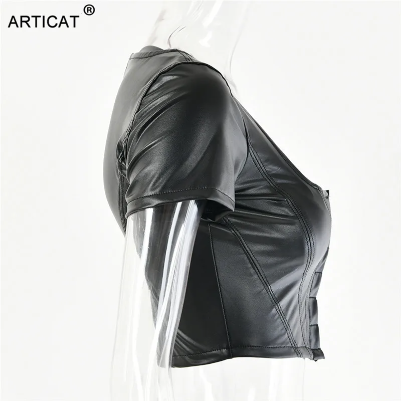 Articat Black PU leather Sexy Corset Crop Tops For Women Single Breasted Short Tank Top Summer Solid Casual Women Crop Top Tees