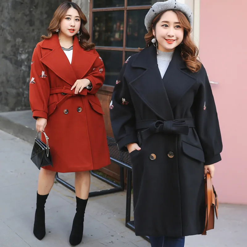 Korean Style Office Loose Wool Embroidery Full Lantern Sleeve Long Plus